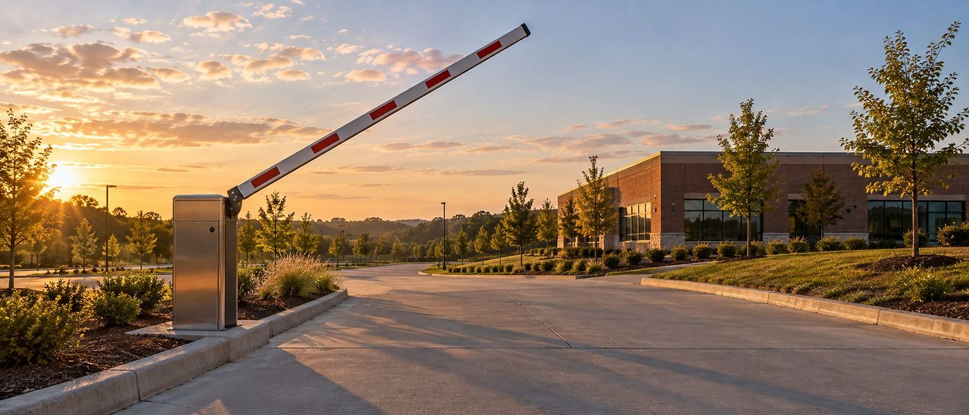 A striped barrier arm gate raised at the entrance to a commercial brick office building