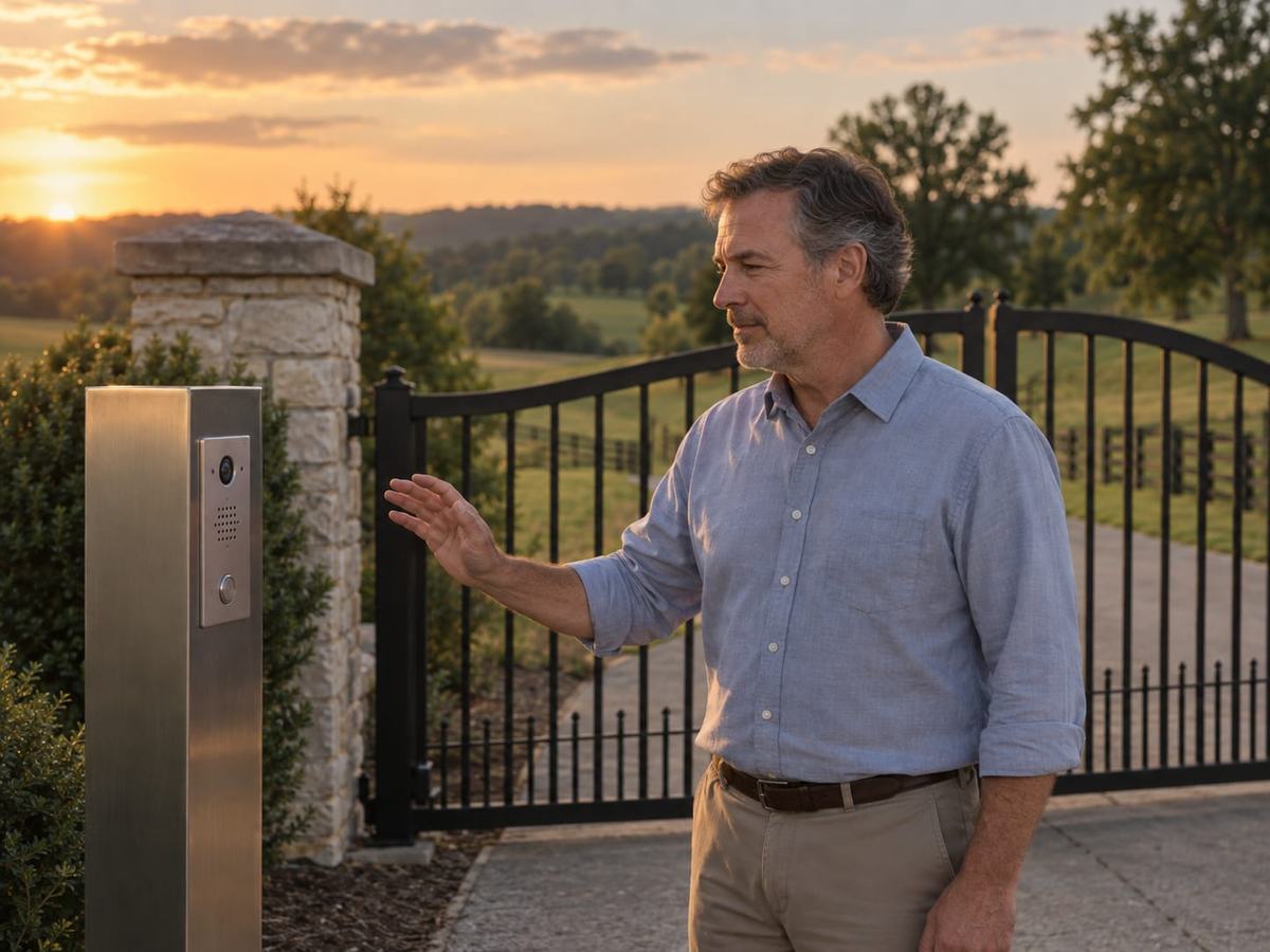 A man raises his hand toward a video intercom pedestal beside an iron farm gate.