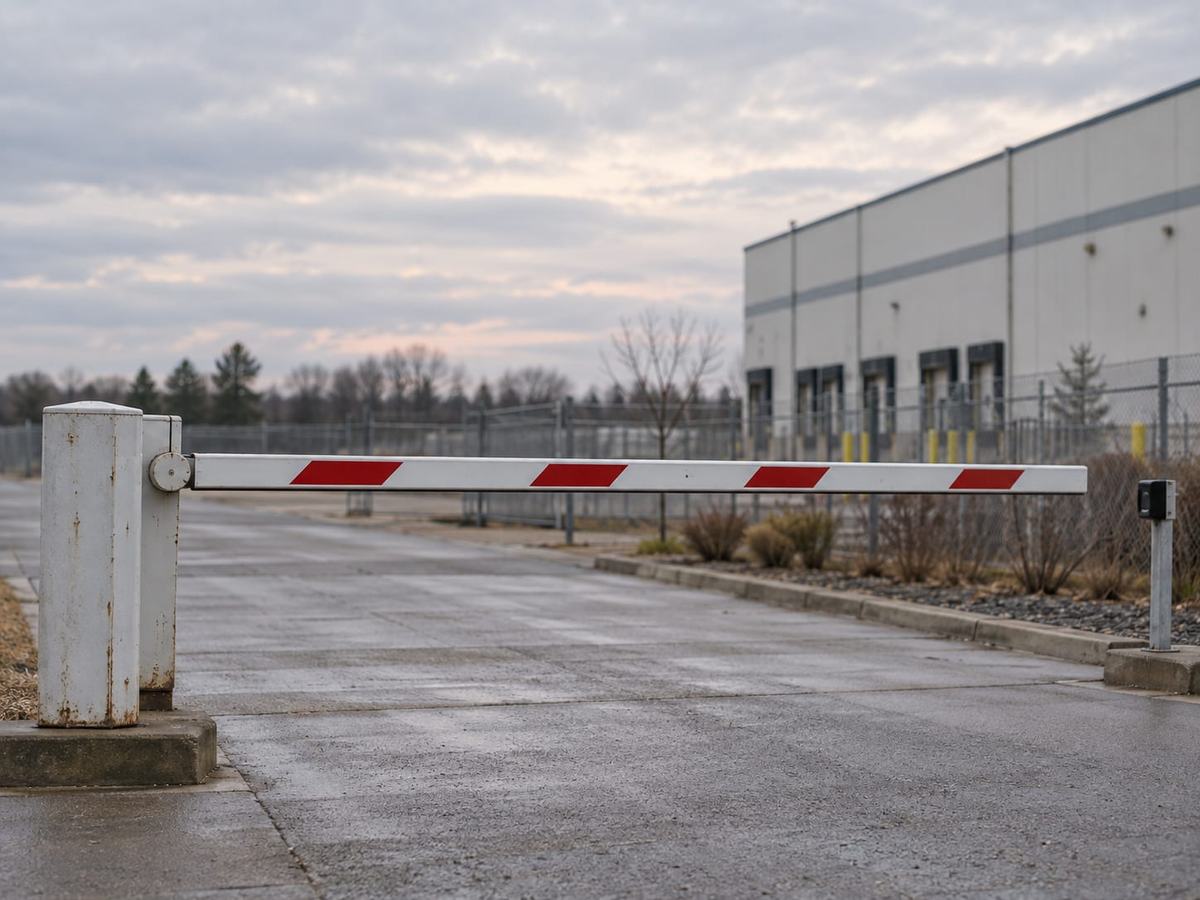 A raised striped barrier arm at a commercial loading yard entrance near a warehouse building