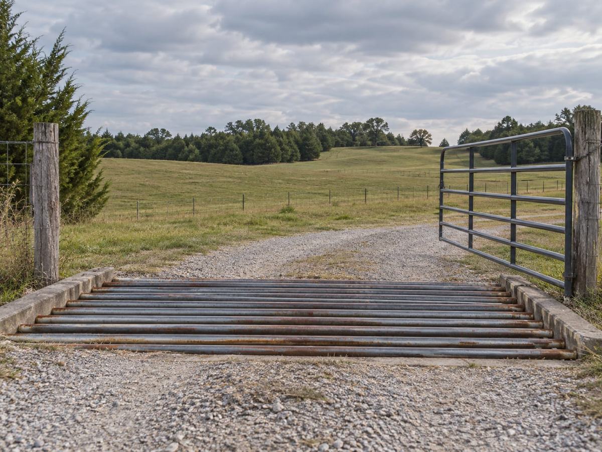 A cattle guard set into a gravel drive beside an open pipe gate and pasture fence.