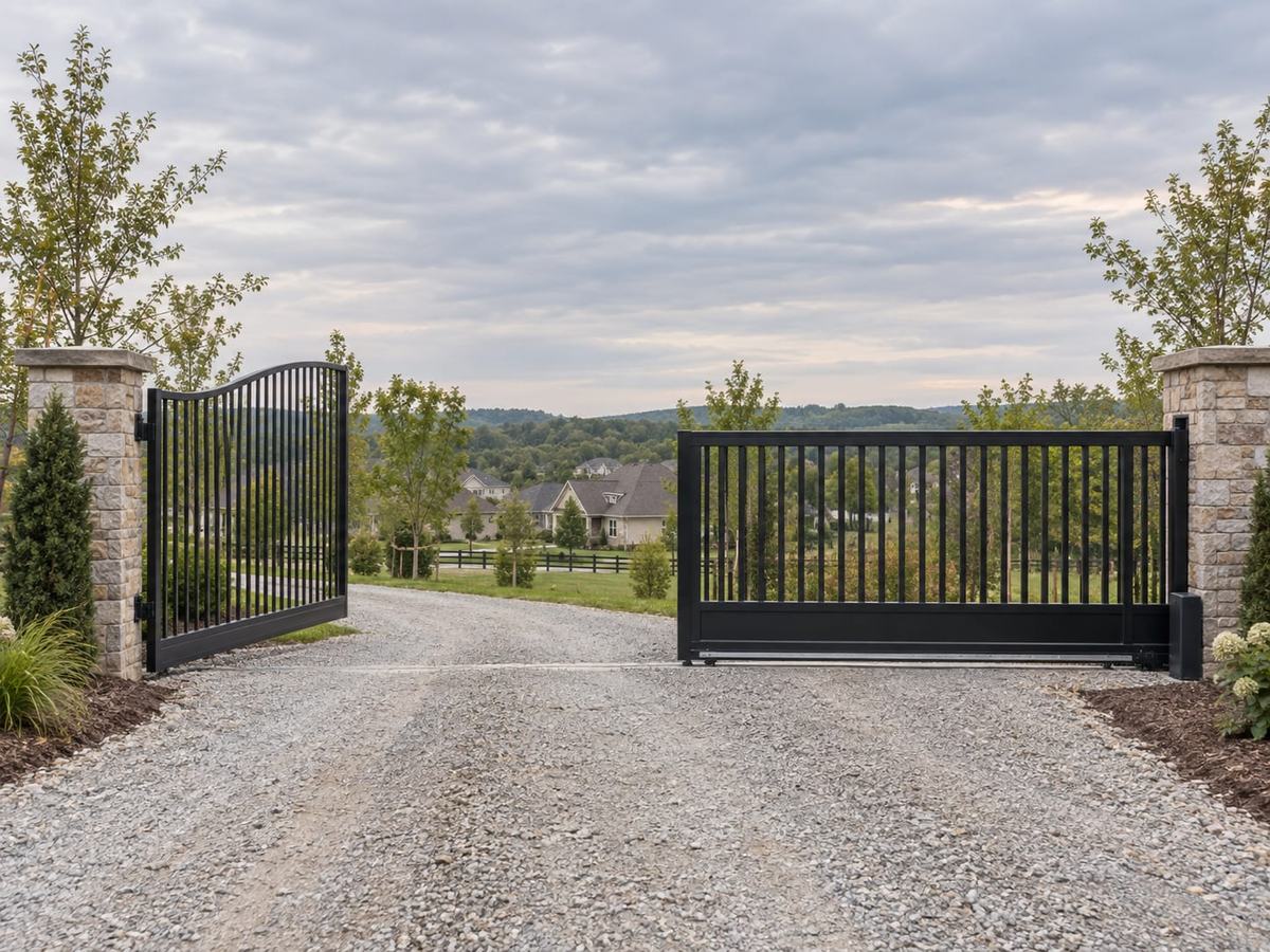 A swing gate and a slide gate stand side by side at a stone pillared driveway entrance
