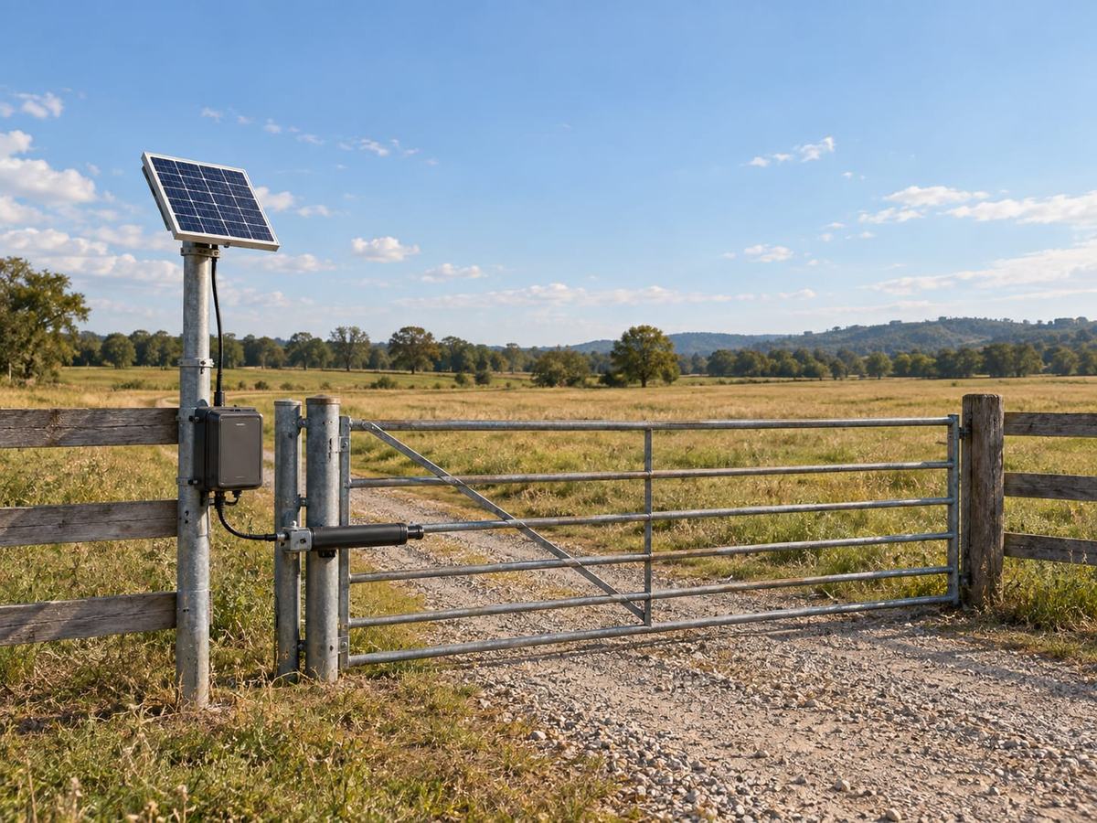 A solar panel and gate operator arm mounted on a post beside a farm gate and fence.
