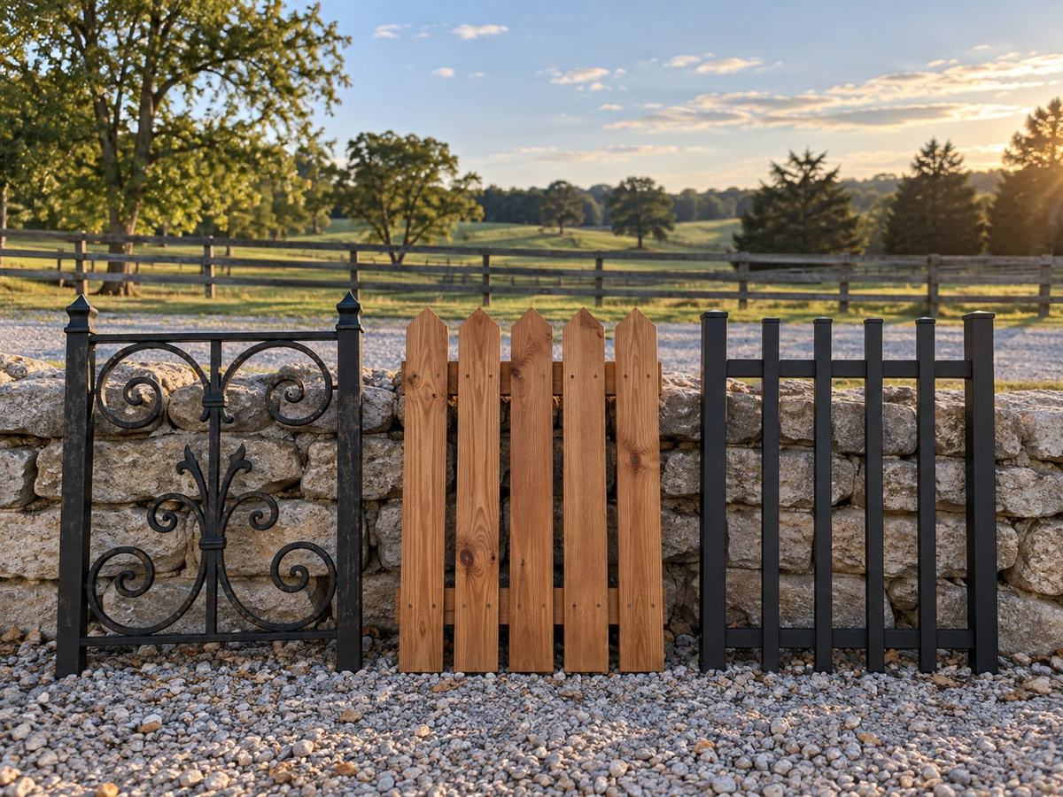 Iron, wood, and aluminum picket gate samples leaning against a limestone wall on a farm.