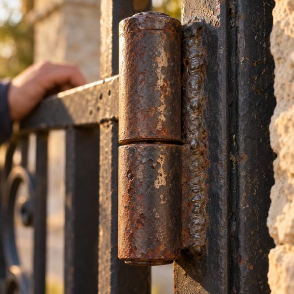 Close macro view of a weathered steel barrel hinge welded to an iron gate post
