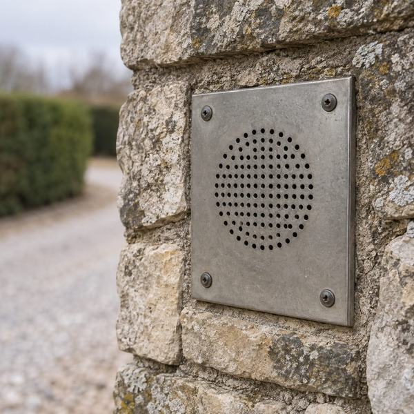 Macro shot of a stainless intercom grille set into a rough cut limestone gate pillar