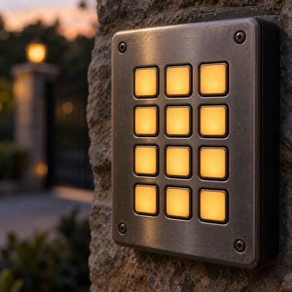 Close view of a backlit keypad mounted on a stone gate pillar with a lamp post beyond