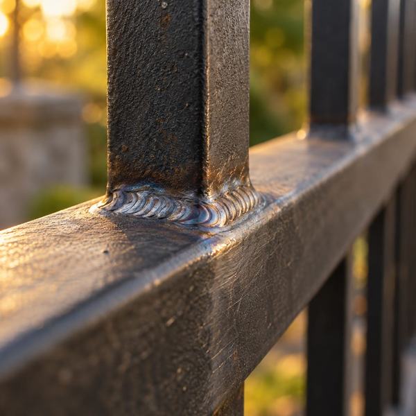 Macro detail of a clean weld bead joining an iron picket to a gate rail at sunset