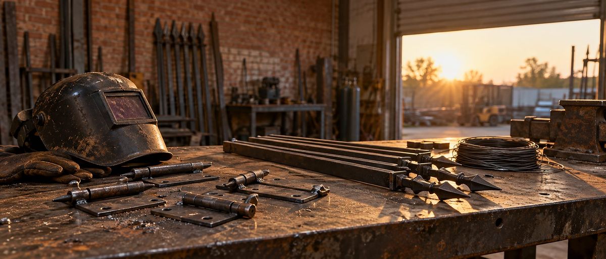 Forged hinges, pickets, and a worn welding helmet laid out on a workshop bench at dusk