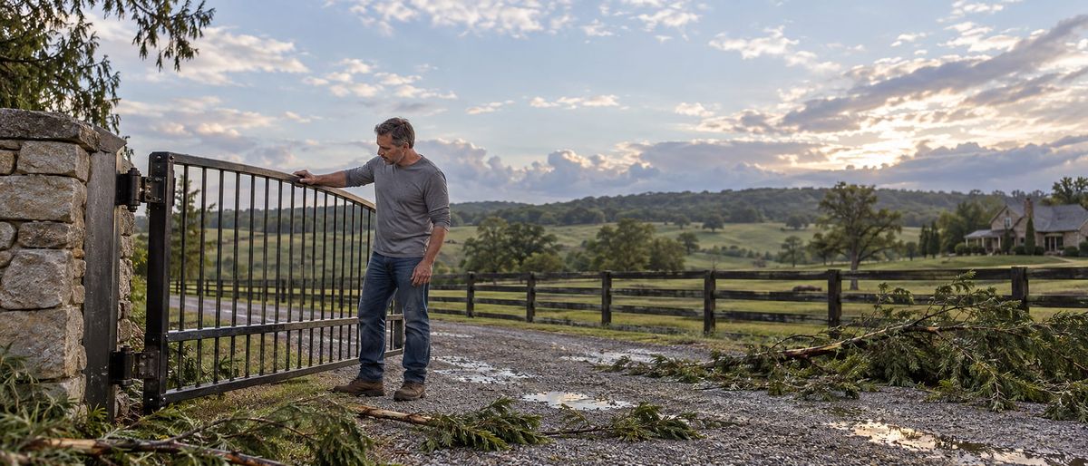 A man checks a storm damaged iron gate hanging off square on a farm driveway