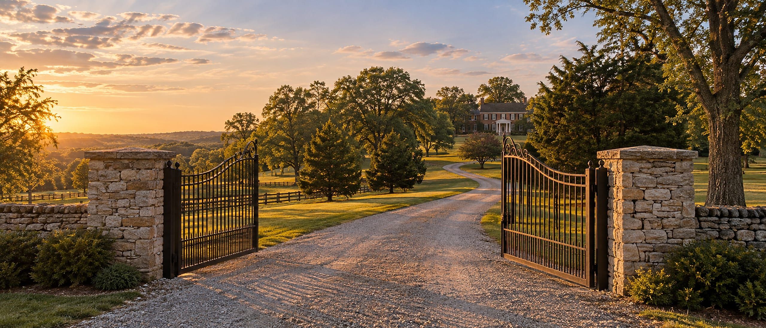 Tall dark iron estate gate standing open between stone pillars at a tree lined driveway