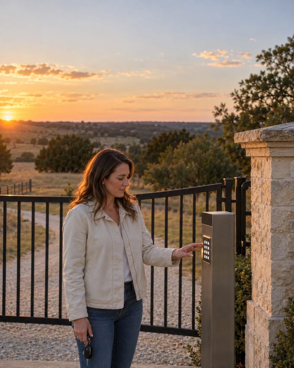 A woman reaches to press a lit keypad pedestal beside a stone pillar at sunset