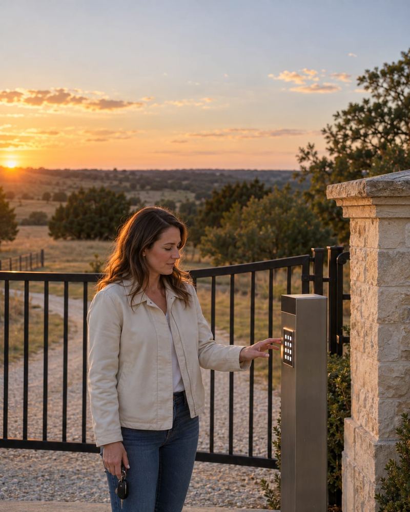 A woman reaches to press a lit keypad pedestal beside a stone pillar at sunset
