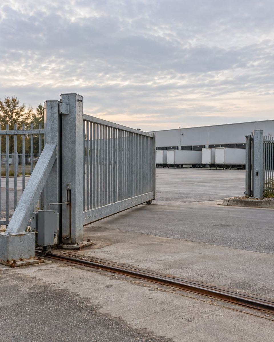 A galvanized steel slide gate rolls open on its track at a commercial warehouse loading yard