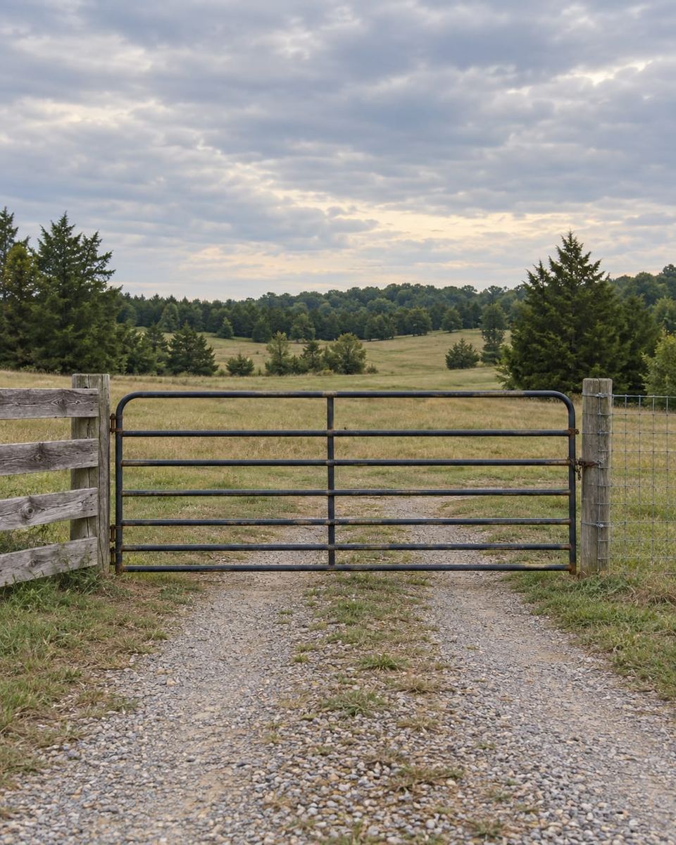 A metal pipe farm gate stands open on a gravel drive between rows of evergreen trees