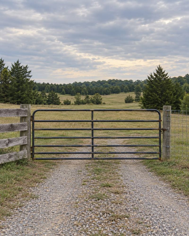 A metal pipe farm gate stands open on a gravel drive between rows of evergreen trees