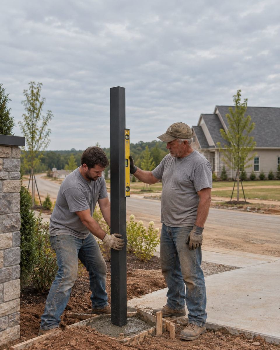 Two installers use a level to set a new steel gate post beside a stone pillar