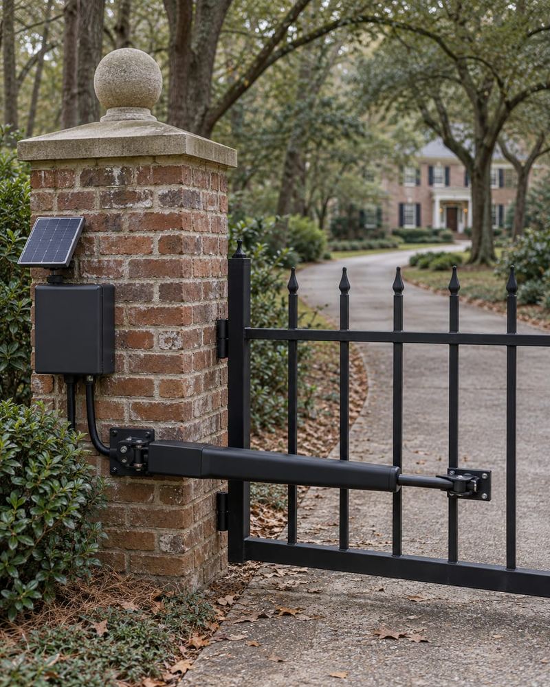 Solar powered gate operator arm and control box mounted on a post beside a farm gate