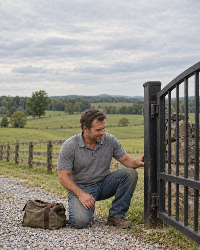 A technician kneels beside a farm gate hinge post with pasture and board fence behind him