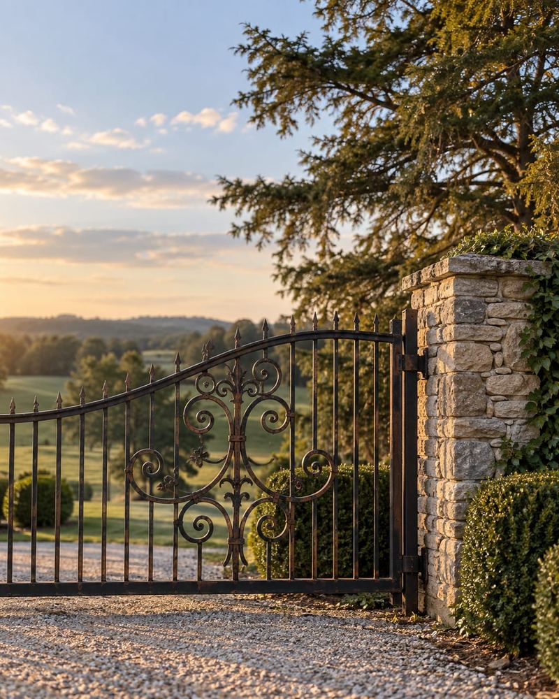 Ornate wrought iron gate with scrolled ironwork opening onto a sunlit countryside driveway