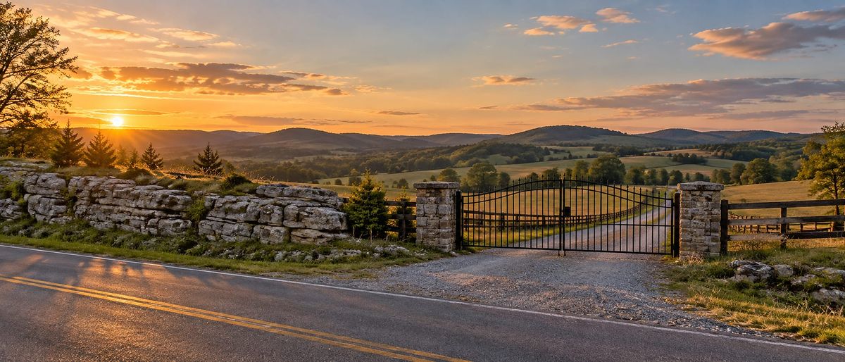 A wrought iron gate between stone walls opens onto rolling Tennessee countryside at sunset