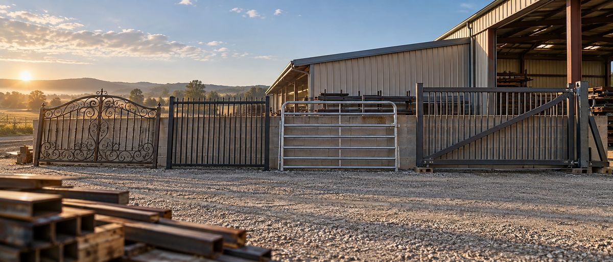 A lineup of iron, wood, and metal gates staged in a fabrication yard at sunrise
