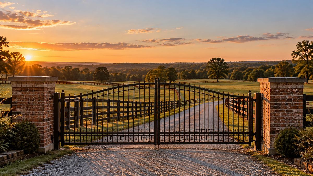 Black iron estate gate between brick pillars beside a long board fenced pasture