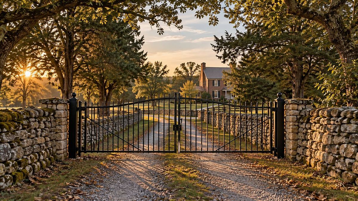 Black iron driveway gate between limestone walls on a wooded lane, a brick farmhouse beyond