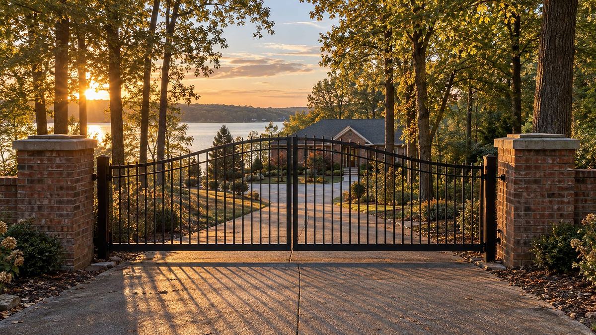 Iron driveway gate between brick pillars leading to a brick home near Old Hickory Lake