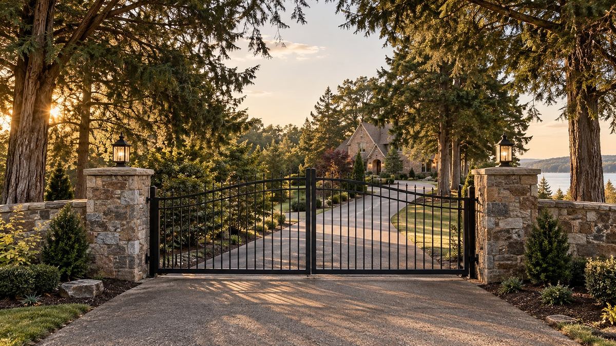 Black iron driveway gate between stone pillars under a stand of mature cedar trees