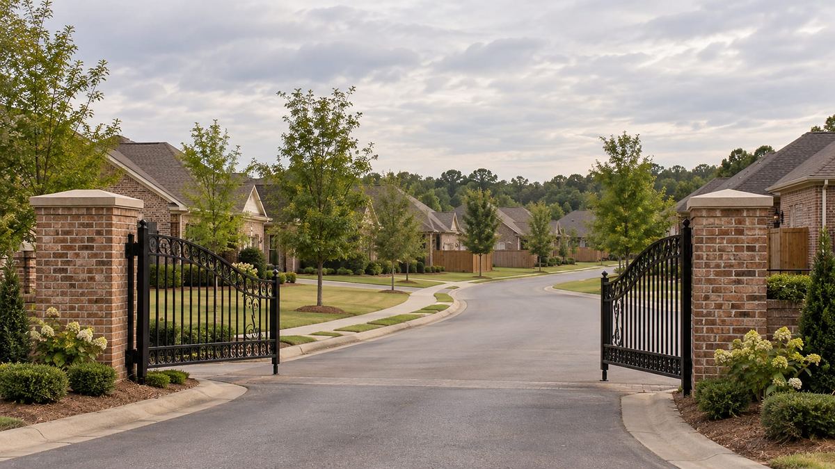 Low iron subdivision gate beside a brick pillar, brick homes visible along a curving street