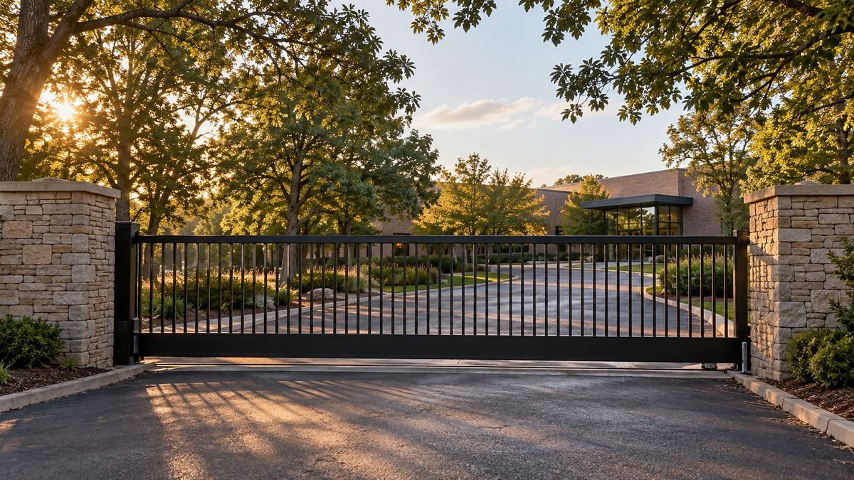 A wide iron slide gate at a business park entrance, a modern brick office building beyond