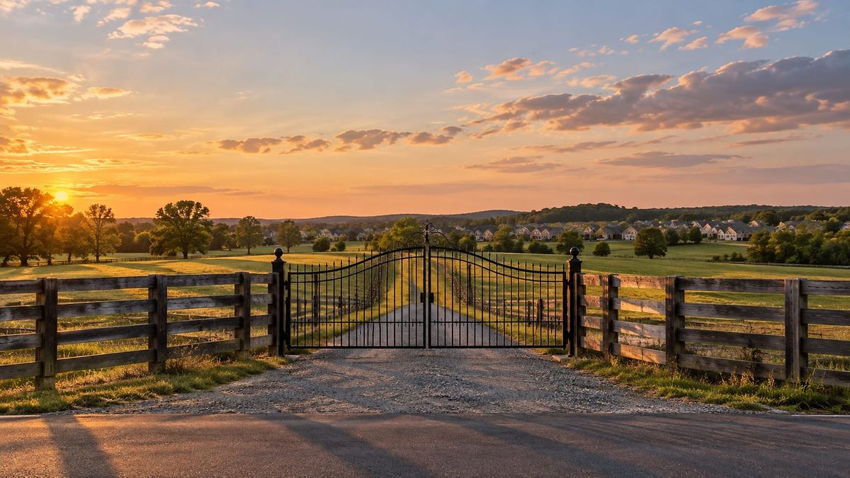 Iron estate gate with a board fence along the road, open farmland stretching beyond