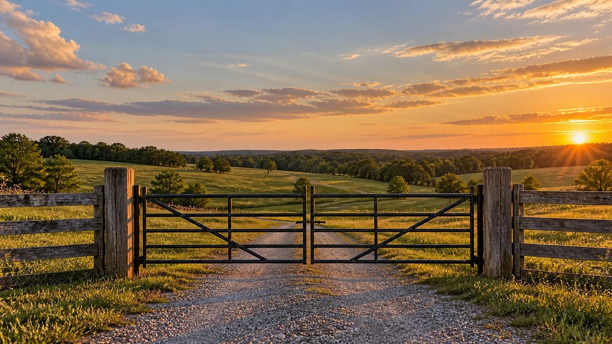 Rustic iron farm gate between weathered wood posts opening onto open rolling pasture