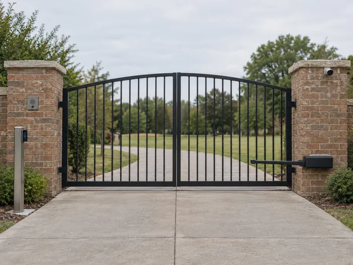 The same brick pillar gate fitted with an operator arm, keypad, intercom, and camera.