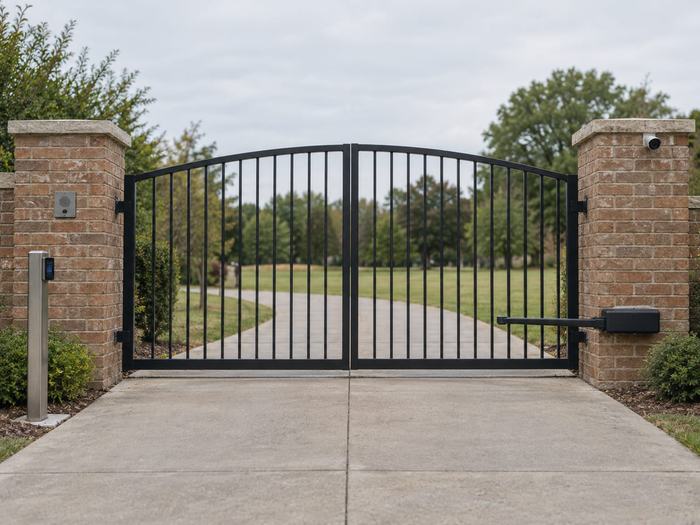 The same brick pillar gate fitted with an operator arm, keypad, intercom, and camera
