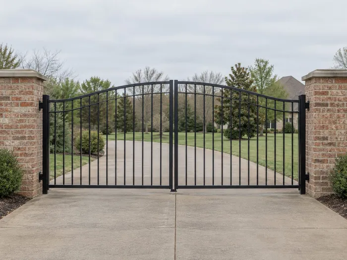 A plain black iron gate between brick pillars with no automation hardware installed.