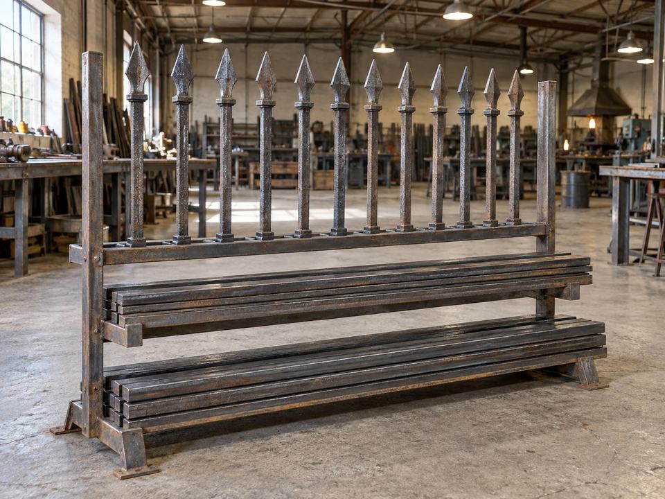 A rack of freshly forged spear top iron pickets standing in a busy metalworking shop