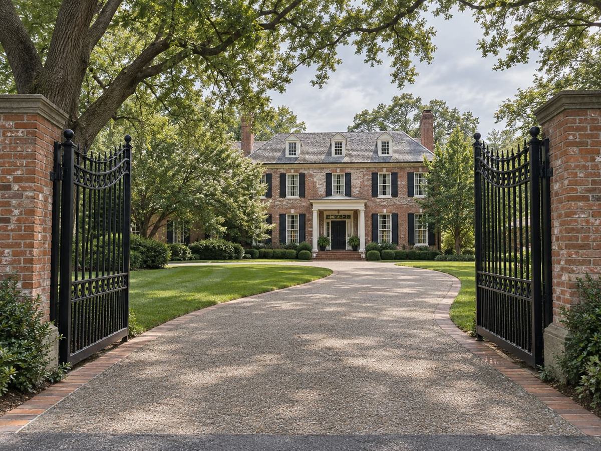 An open iron gate framing a long gravel driveway leading to a brick colonial style home